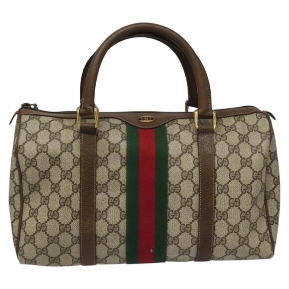 GUCCI GG Supreme Web Sherry Line Boston Bag PVC Beige Red - Picture 2 of 16